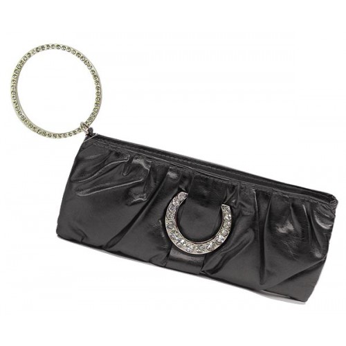 Evening Bag - Shiny Leather-Like Pleated w/ Crystal Accent Ring - Black